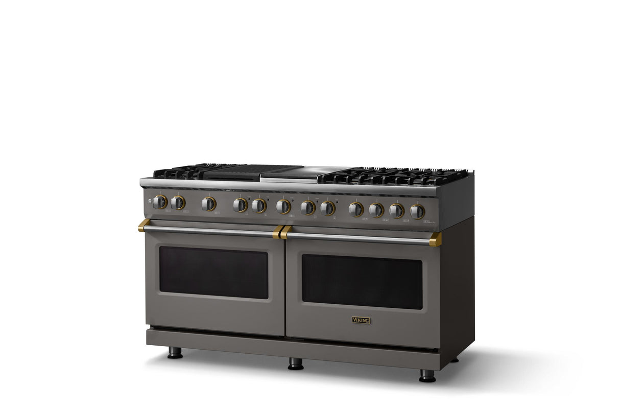 60"W.Dual Fuel Range (Finish: Damascus Gray, Trim: Brushed Brass, Fuel: Natural Gas)
