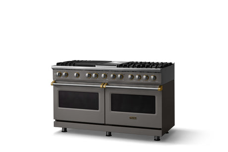 60"W.Dual Fuel Range (Finish: Damascus Gray, Trim: Brushed Brass, Fuel: Natural Gas)