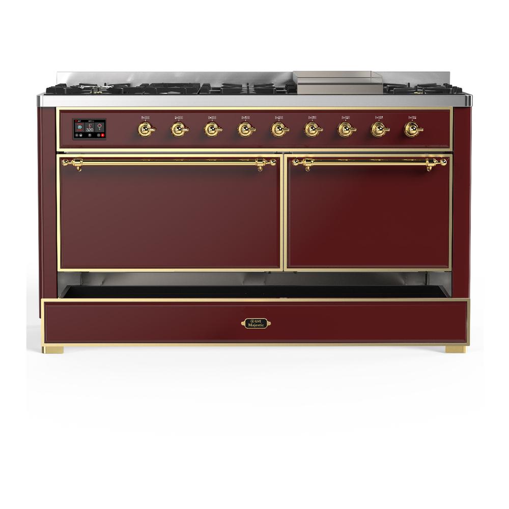 ILVE UM60FQNR3BUGLP Majestic III 60 inch Dual Fuel Range with 9 Burners and Griddle, Dual Function Burner up to 25,000 BTU (Liquid Propane, Solid Door, Burgundy, Brass)