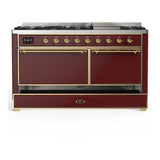 ILVE UM60FQNR3BUGLP Majestic III 60 inch Dual Fuel Range with 9 Burners and Griddle, Dual Function Burner up to 25,000 BTU (Liquid Propane, Solid Door, Burgundy, Brass)