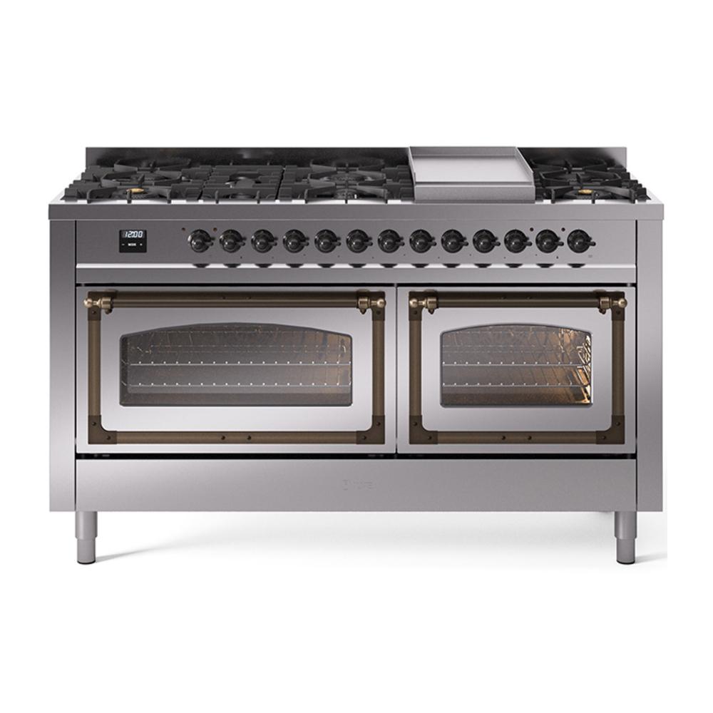 ILVE UN60FNMPSSB Nostalgie II Noblesse 60 inch Dual Fuel Range (9 Sealed Burners + Griddle, Natural Gas, Triple Glass Door, Stainless Steel, Burnished)