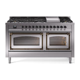 ILVE UN60FNMPSSB Nostalgie II Noblesse 60 inch Dual Fuel Range (9 Sealed Burners + Griddle, Natural Gas, Triple Glass Door, Stainless Steel, Burnished)
