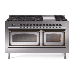 ILVE UN60FNMPSSB Nostalgie II Noblesse 60 inch Dual Fuel Range (9 Sealed Burners + Griddle, Natural Gas, Triple Glass Door, Stainless Steel, Burnished)