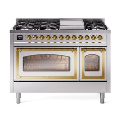 ILVE UN48FNMPSSG Nostalgie II Noblesse 48 inch Dual Fuel Range (8 Sealed Burners + Griddle, Natural Gas, Triple Glass Door, Stainless Steel, Brass)