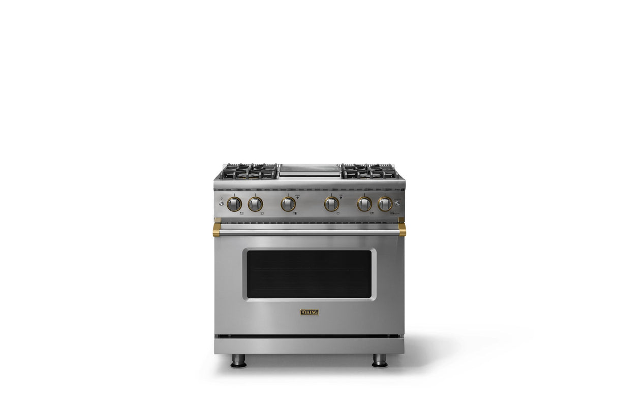 36"W. Sealed Burner Gas Range (Burner: 4g, Finish: Stainless Steel, Trim: Brushed Brass, Fuel: Propane)