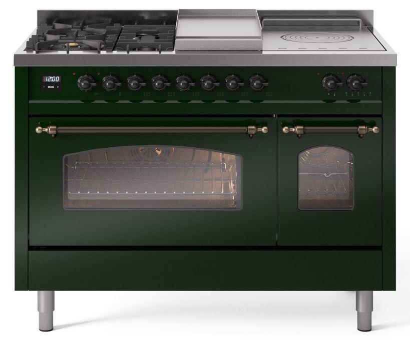 Nostalgie II 48 Inch Dual Fuel Liquid Propane Freestanding Range in Emerald Green with Bronze Trim