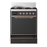 ILVE UM30QNR3MGP Majestic III 30 inch Dual Fuel Range with 5 Black Brass Burners, Dual Function Burner up to 25,000 BTU (Natural Gas, Solid Door, Graphite Matte, Copper)