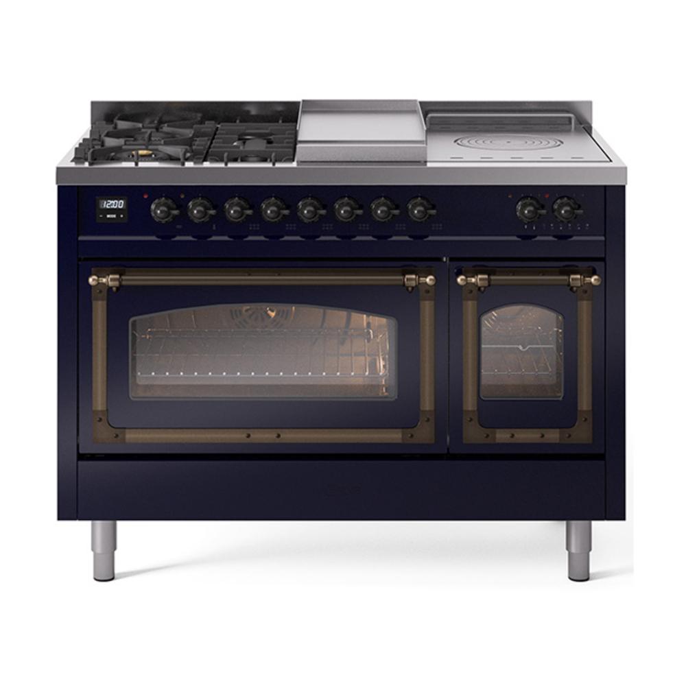 ILVE UN48FSNMPMBBLP Nostalgie II Noblesse 48 inch Dual Fuel Range (5 Sealed Burners + Griddle + French Top, Liquid Propane, Triple Glass Door, Midnight Blue, Burnished)