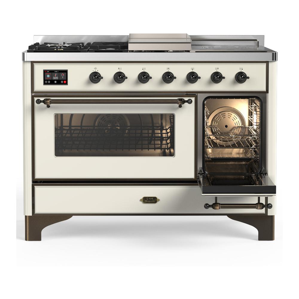 ILVE UM48FSNR3AWB Majestic III 48 inch Dual Fuel Range with 5 Black Brass Burners, Griddle and French Top, Dual Function Burner up to 25,000 BTU (Natural Gas, Triple Glass Door, Antique White, Burnished)