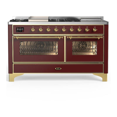 ILVE UM60FSNR3BUGLP Majestic III 60 inch Dual Fuel Range with 7 Burners, Griddle and French Top, Dual Function Burner with up to 25,000 BTU (Liquid Propane, Triple Glass Door, Burgundy, Brass)