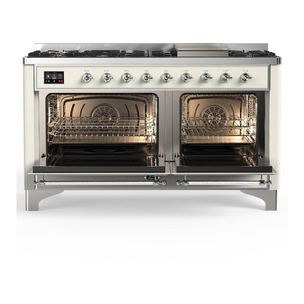 ILVE UM60FQNR3AWC Majestic III 60 inch Dual Fuel Range with 9 Burners and Griddle, Dual Function Burner up to 25,000 BTU (Natural Gas, Solid Door, Antique White, Chrome)
