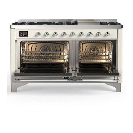 ILVE UM60FQNR3AWC Majestic III 60 inch Dual Fuel Range with 9 Burners and Griddle, Dual Function Burner up to 25,000 BTU (Natural Gas, Solid Door, Antique White, Chrome)