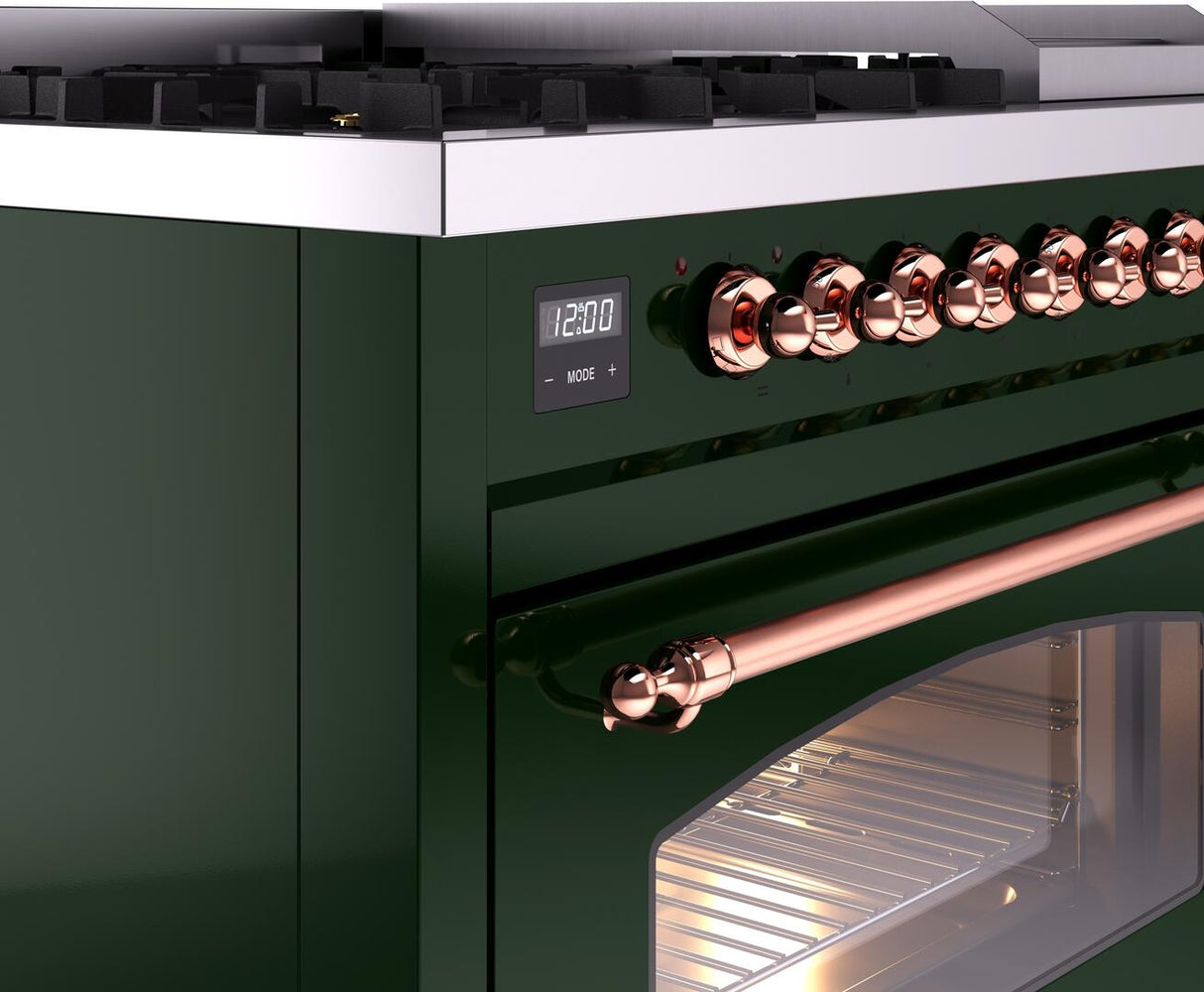 Nostalgie II 48 Inch Dual Fuel Natural Gas Freestanding Range in Emerald Green with Copper Trim