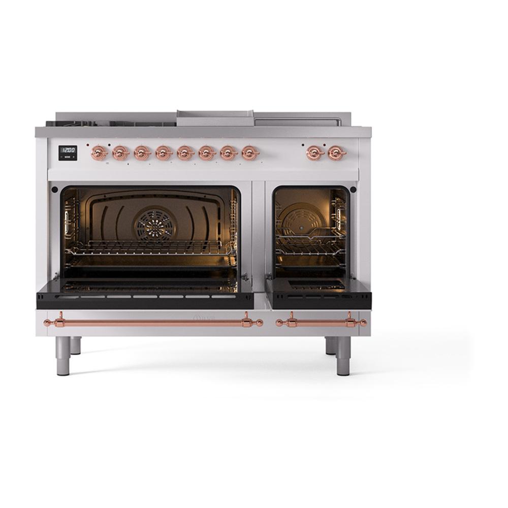 ILVE UN48FSQNMPRAP Nostalgie II Noblesse 48 inch Dual Fuel Range (5 Sealed Burners + Griddle + French Top, Natural Gas, Solid Door, RAL, Copper)
