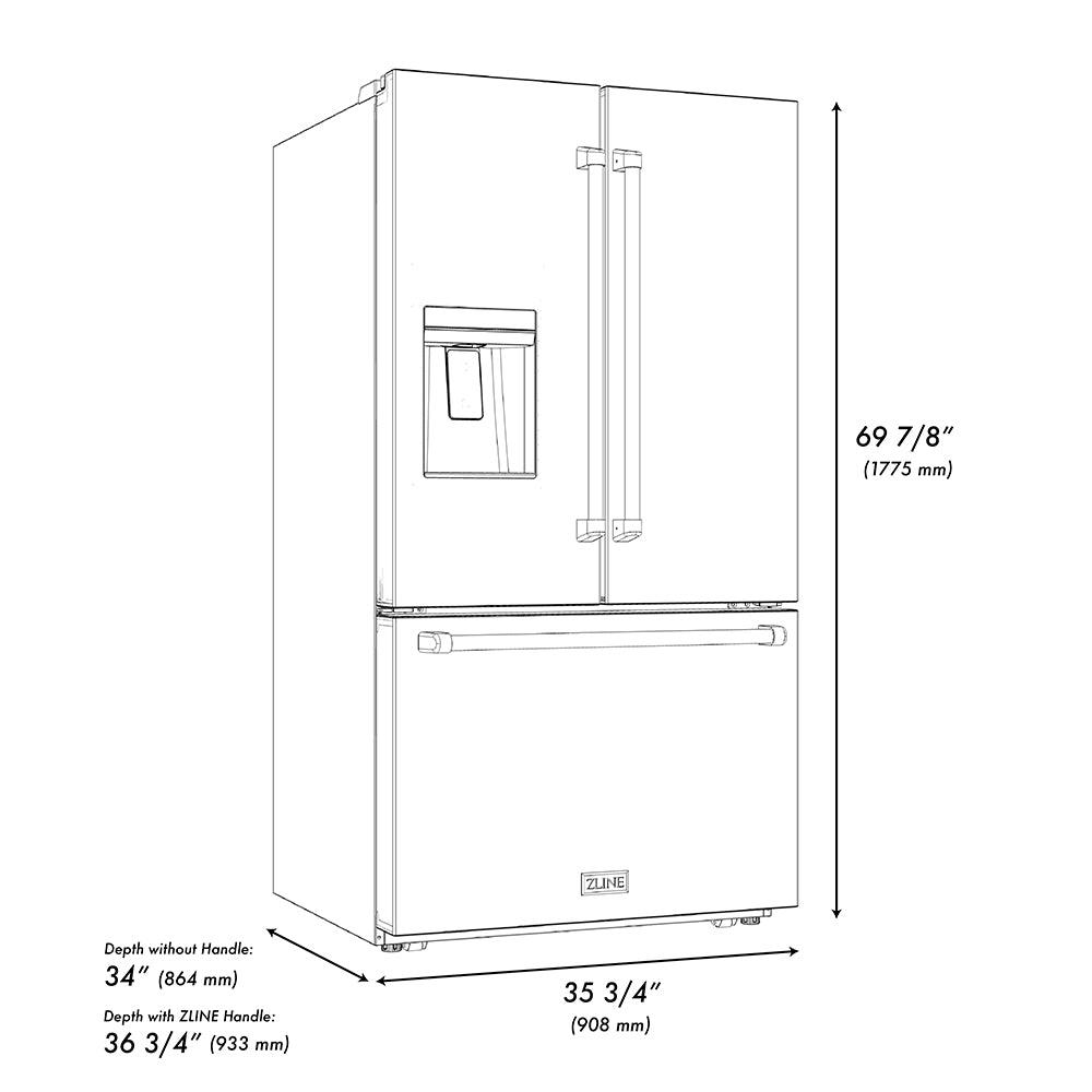 ZLINE Autograph Edition 36 in. 28.9 cu. ft. Standard-Depth French Door External Water Dispenser Refrigerator with Dual Ice Maker in Fingerprint-Resistant Stainless Steel and Champagne Bronze Helix Handles (RSMZ-W-36-KCB)