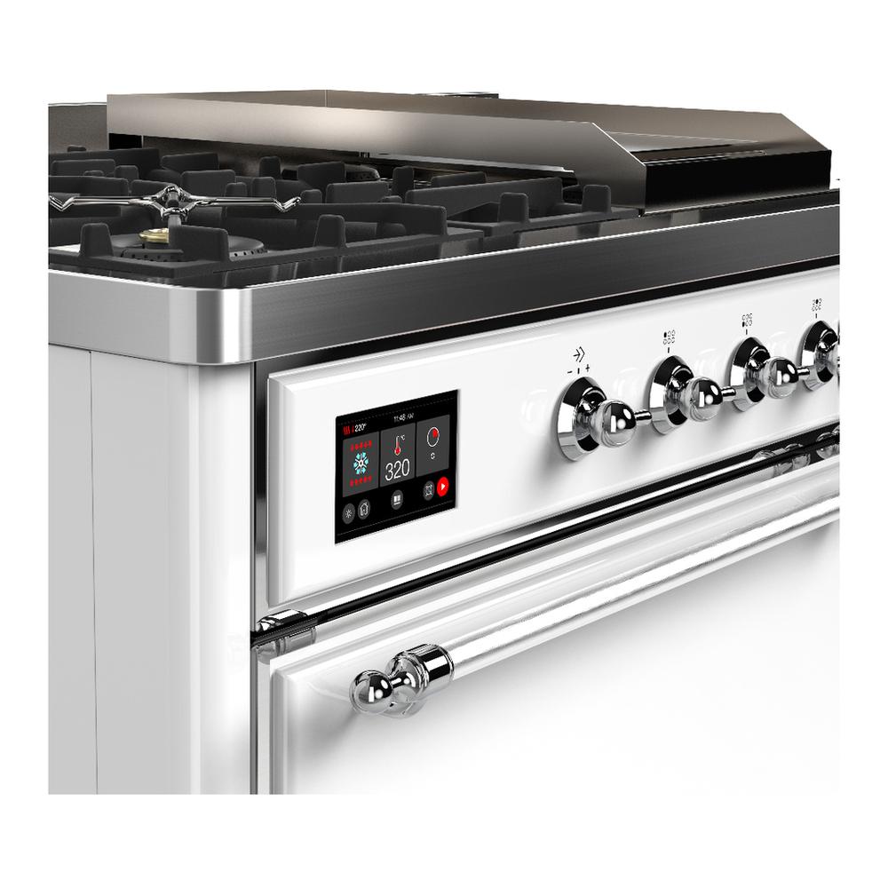 ILVE UM48FSQNR3WHC Majestic III 48 inch Dual Fuel Range with 5 Black Brass Burners, Griddle and French Top, Dual Function Burner up to 25,000 BTU (Natural Gas, Solid Door, White, Chrome)