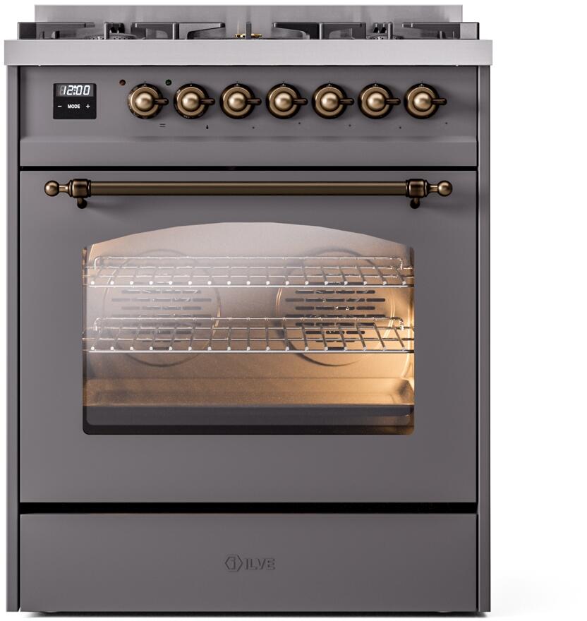 Nostalgie II 30 Inch Dual Fuel Natural Gas Freestanding Range in Matte Graphite with Bronze Trim