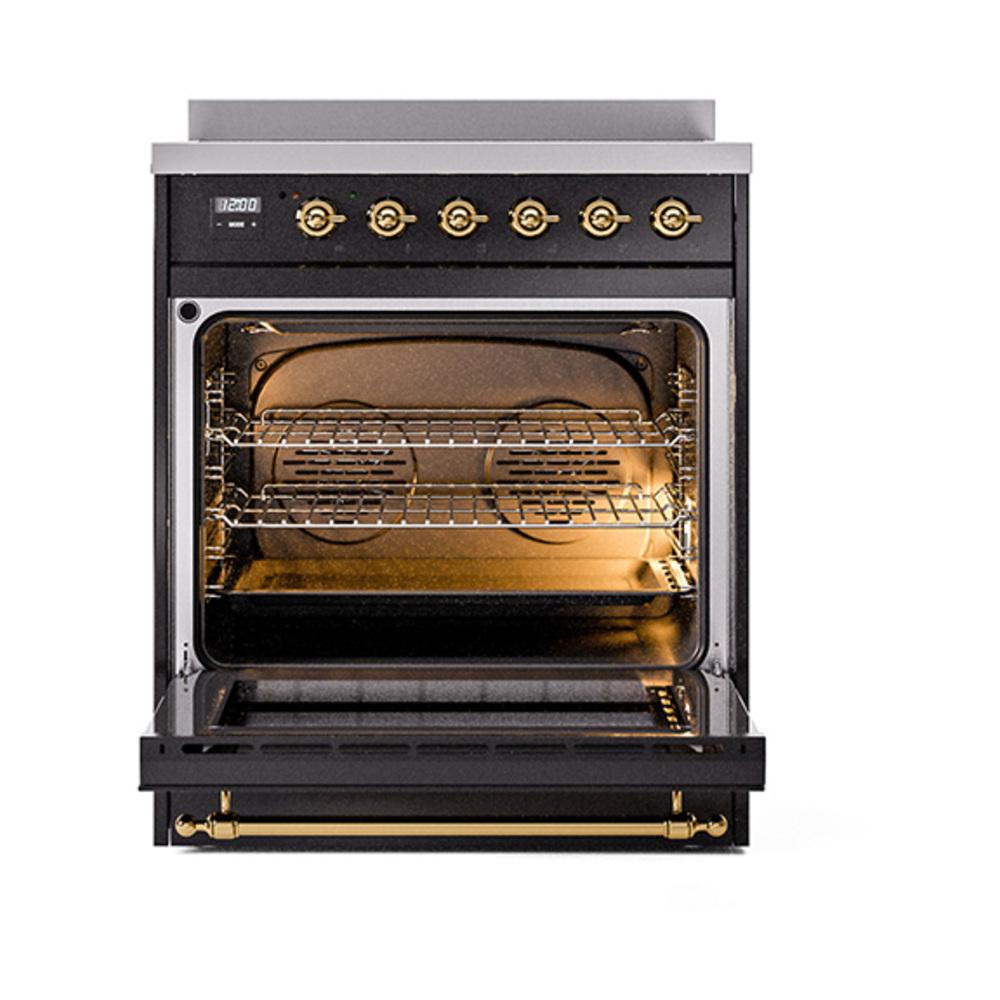 ILVE UNI304NMPBKG Nostalgie II Noblesse 30 inch Induction Range (Triple Glass Door, Glossy Black, Brass)
