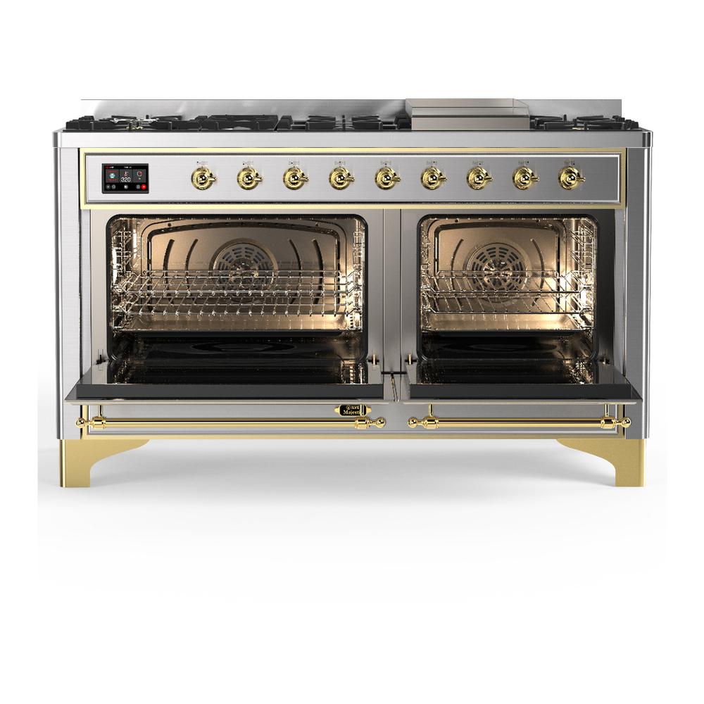 ILVE UM60FNR3SSG Majestic III 60 inch Dual Fuel Range with 9 Burners and Griddle, Dual Function Burner up to 25,000 BTU (Natural Gas, Triple Glass Door, Stainless Steel, Brass)