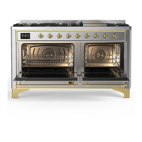 ILVE UM60FNR3SSG Majestic III 60 inch Dual Fuel Range with 9 Burners and Griddle, Dual Function Burner up to 25,000 BTU (Natural Gas, Triple Glass Door, Stainless Steel, Brass)