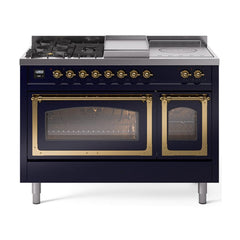 ILVE UN48FSNMPMBGLP Nostalgie II Noblesse 48 inch Dual Fuel Range (5 Sealed Burners + Griddle + French Top, Liquid Propane, Triple Glass Door, Midnight Blue, Brass)