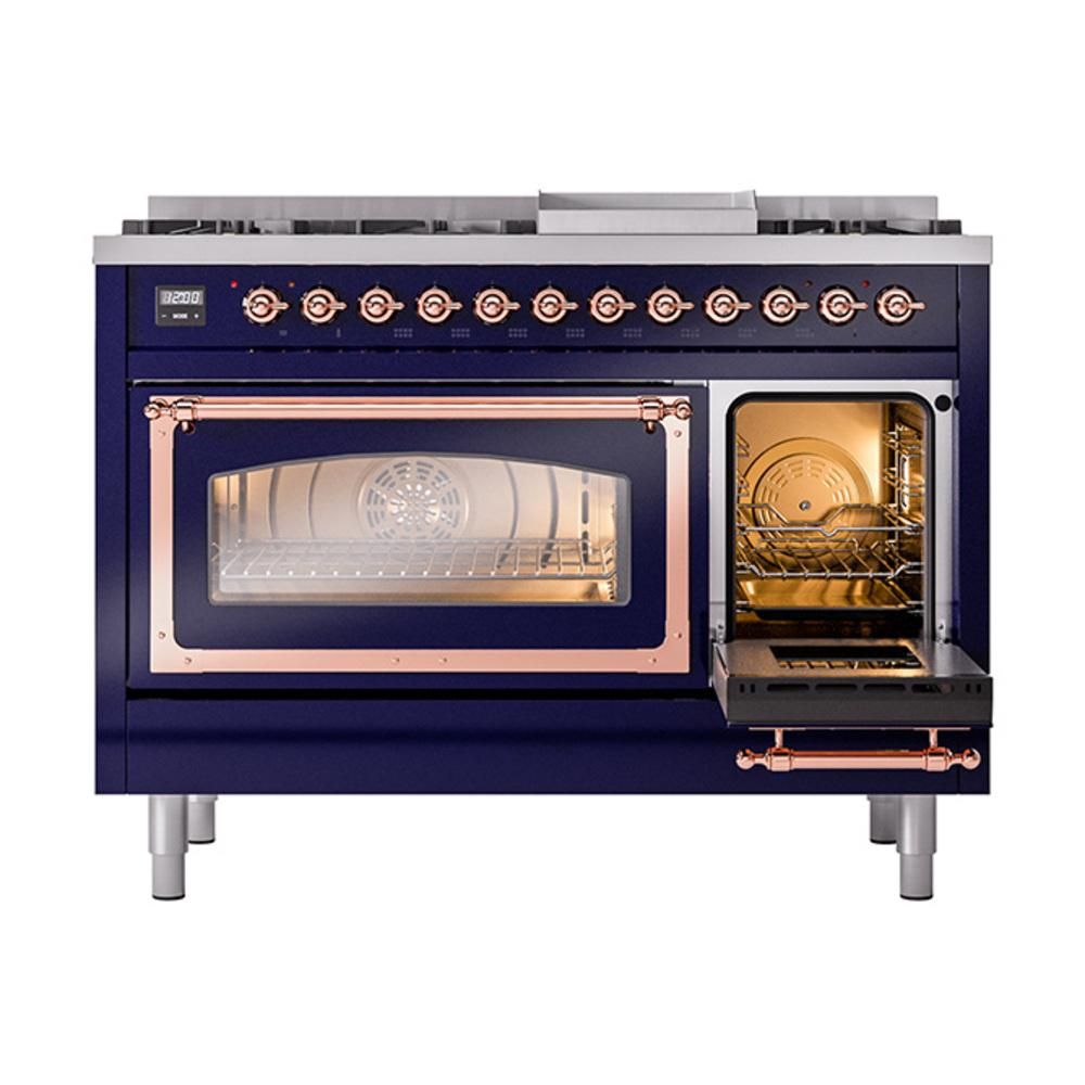 ILVE UN48FNMPMBPLP Nostalgie II Noblesse 48 inch Dual Fuel Range (8 Sealed Burners + Griddle, Liquid Propane, Triple Glass Door, Midnight Blue, Copper)