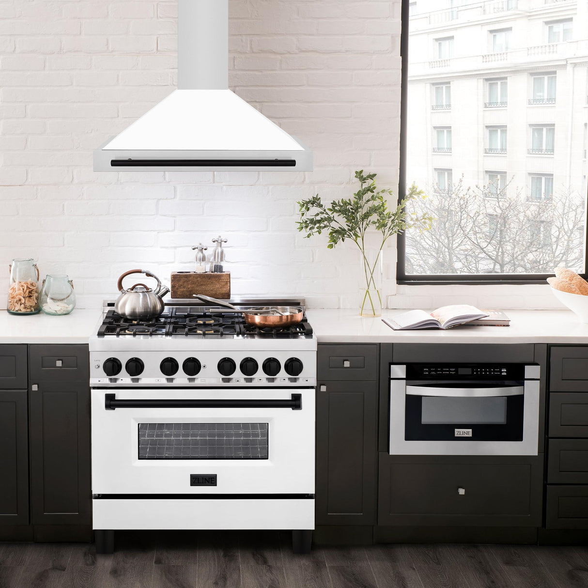 ZLINE 36 in. Autograph Edition Convertible Stainless Steel Range Hood with White Matte Shell and Champagne Bronze Accents (KB4STZ-WM36-CB) [Color: Matte Black Accents]
