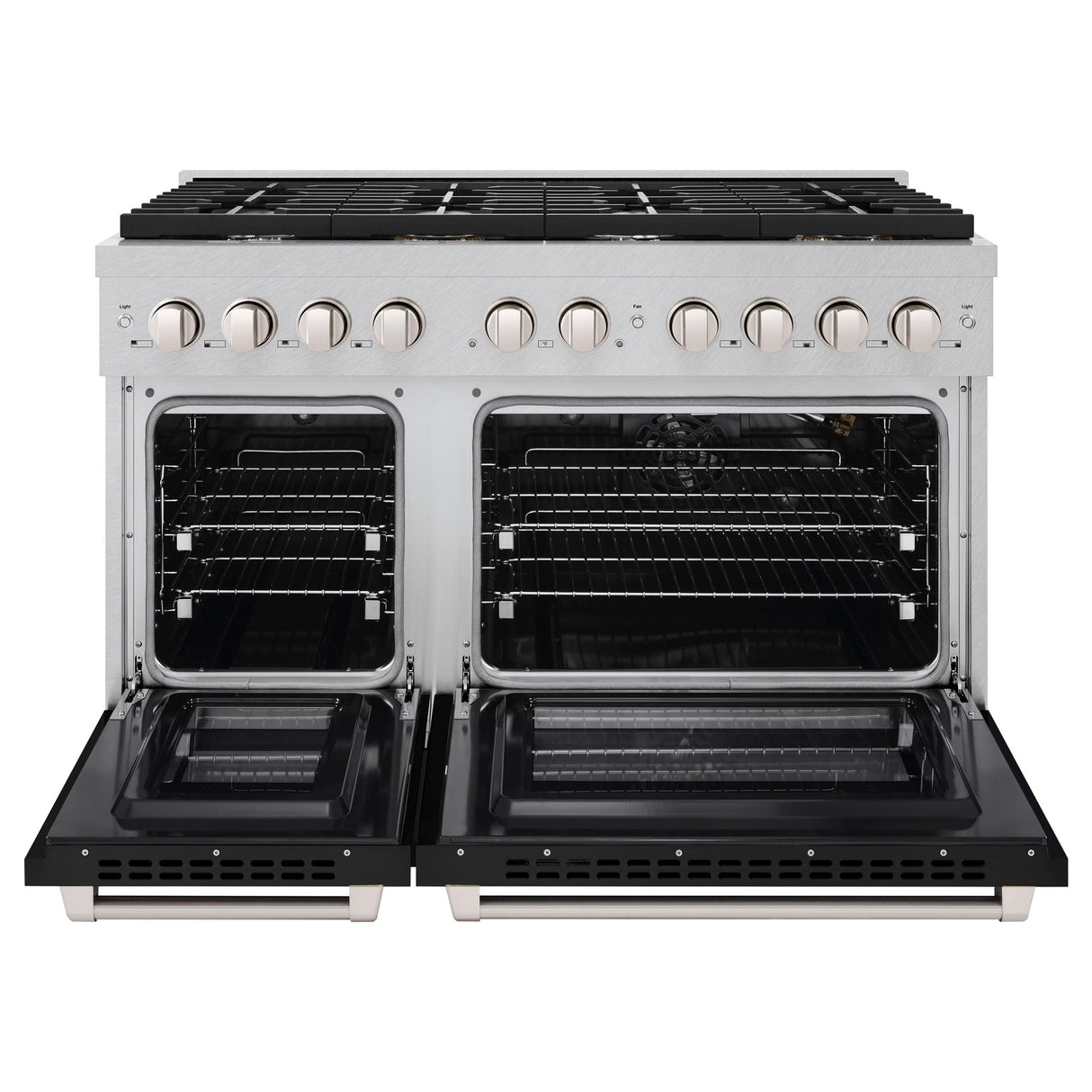 ZLINE 48 in. 6.7 cu. ft. 8 Burner Double Oven Gas Range in DuraSnow' Stainless Steel with Black Matte Doors (SGRS-BLM-48)