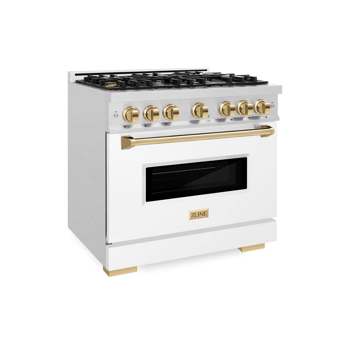 ZLINE Autograph Edition 36 in. 5.2 cu. ft. Classic Dual Fuel Range with 6 Burner Gas Cooktop and Electric Convection Oven in DuraSnow' Stainless Steel with White Matte Door and Polished Gold Accents (CDRSZ-WM-36-G)