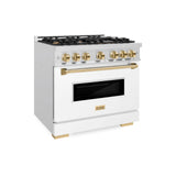 ZLINE Autograph Edition 36 in. 5.2 cu. ft. Classic Dual Fuel Range with 6 Burner Gas Cooktop and Electric Convection Oven in DuraSnow' Stainless Steel with White Matte Door and Polished Gold Accents (CDRSZ-WM-36-G)