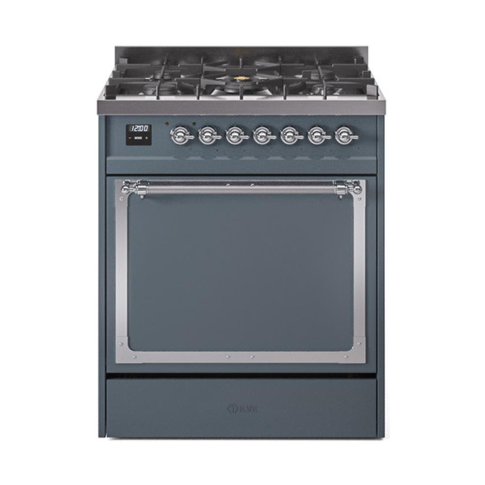 ILVE UN30QNMPBGC Nostalgie II Noblesse 30 inch Dual Fuel Range (Natural Gas, Solid Door, Blue Grey, Chrome)