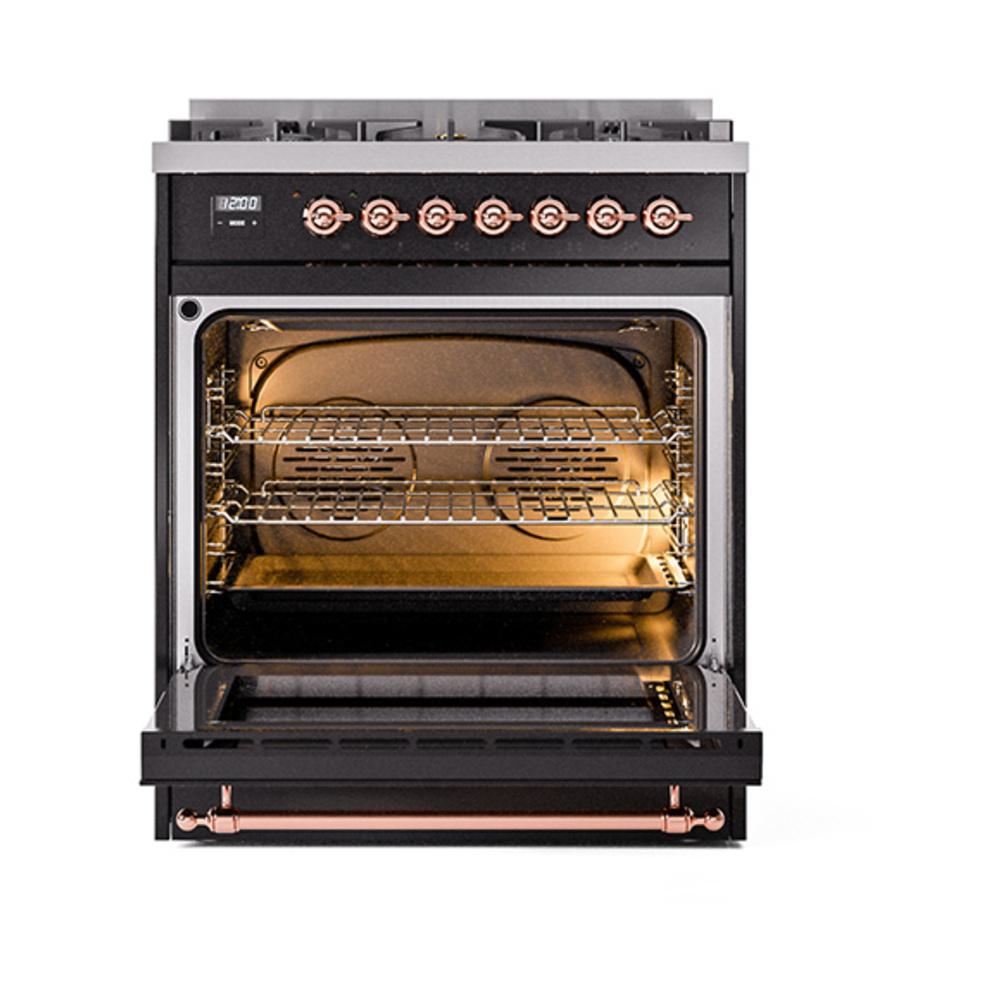 ILVE UN30NMPBKP Nostalgie II Noblesse 30 inch Dual Fuel Range (Natural Gas, Triple Glass Door, Glossy Black, Copper)