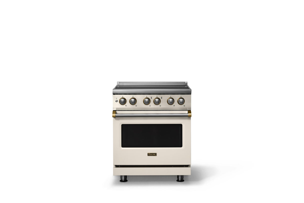 30"W. Induction Range (Finish: Pure White, Trim: Brushed Brass)