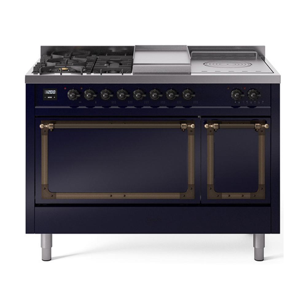 ILVE UN48FSQNMPMBB Nostalgie II Noblesse 48 inch Dual Fuel Range (5 Sealed Burners + Griddle + French Top, Natural Gas, Solid Door, Midnight Blue, Burnished)