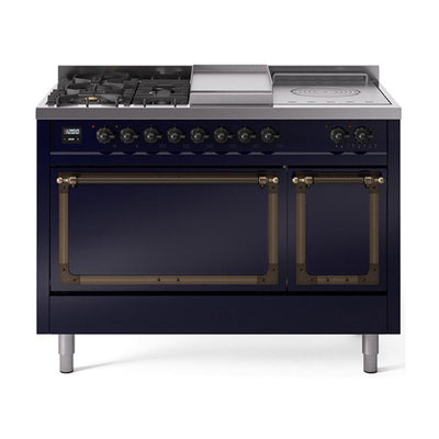 ILVE UN48FSQNMPMBB Nostalgie II Noblesse 48 inch Dual Fuel Range (5 Sealed Burners + Griddle + French Top, Natural Gas, Solid Door, Midnight Blue, Burnished)
