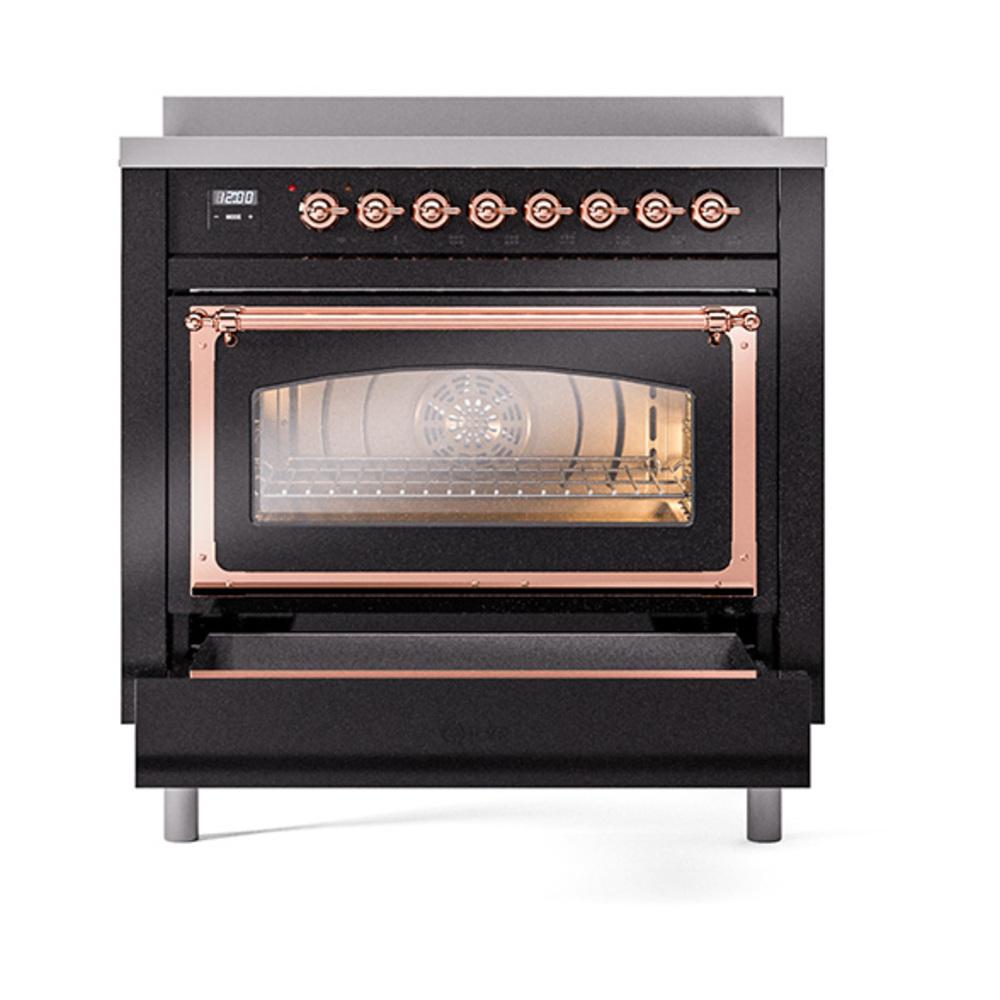 ILVE UNI366NMPBKP Nostalgie II Noblesse 36 inch Induction Range (Triple Glass Door, Glossy Black, Copper)