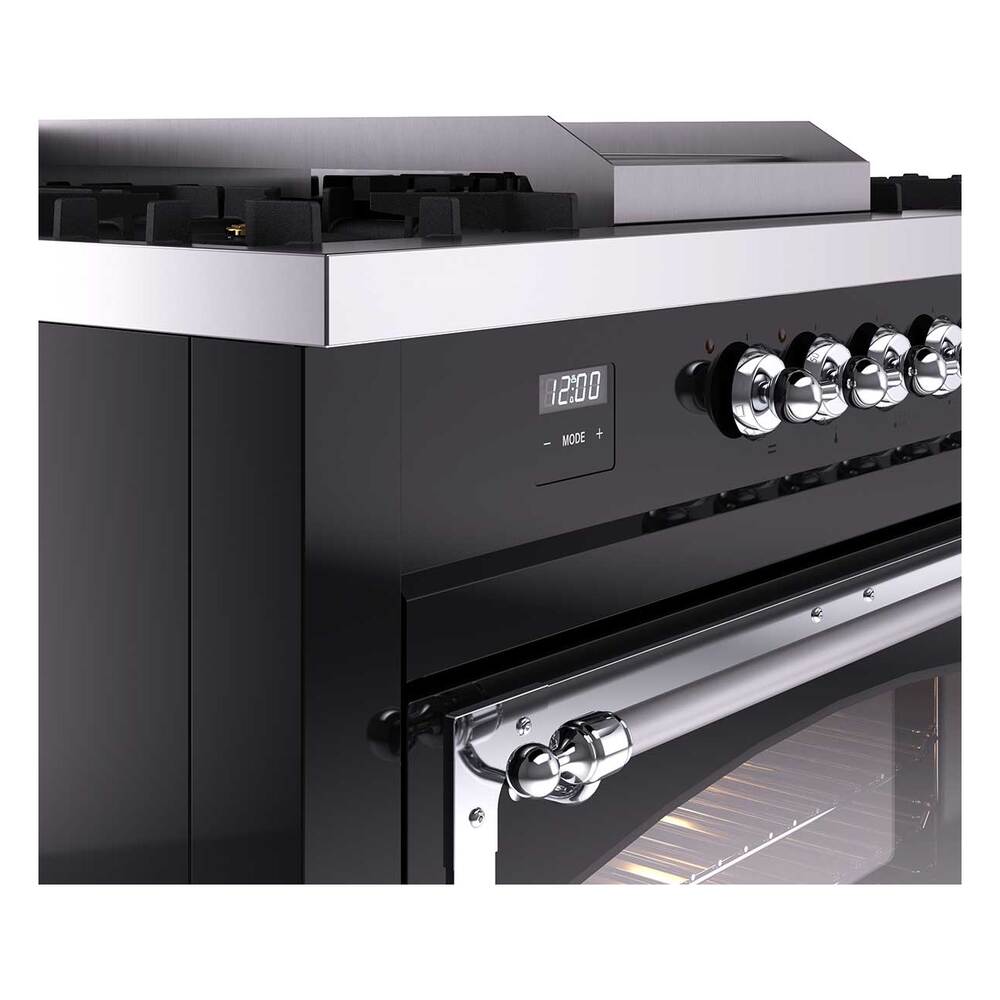 ILVE UN60FSNMPBKCLP Nostalgie II Noblesse 60 inch Dual Fuel Range (7 Sealed Burners + Griddle + French Top, Liquid Propane, Triple Glass Door, Glossy Black, Chrome)