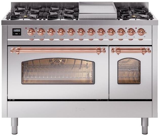 Nostalgie II 48 Inch Dual Fuel Natural Gas Freestanding Range in Stainless Steel with Copper Trim
