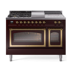 ILVE UN48FSNMPBUGLP Nostalgie II Noblesse 48 inch Dual Fuel Range (5 Sealed Burners + Griddle + French Top, Liquid Propane, Triple Glass Door, Burgundy, Brass)