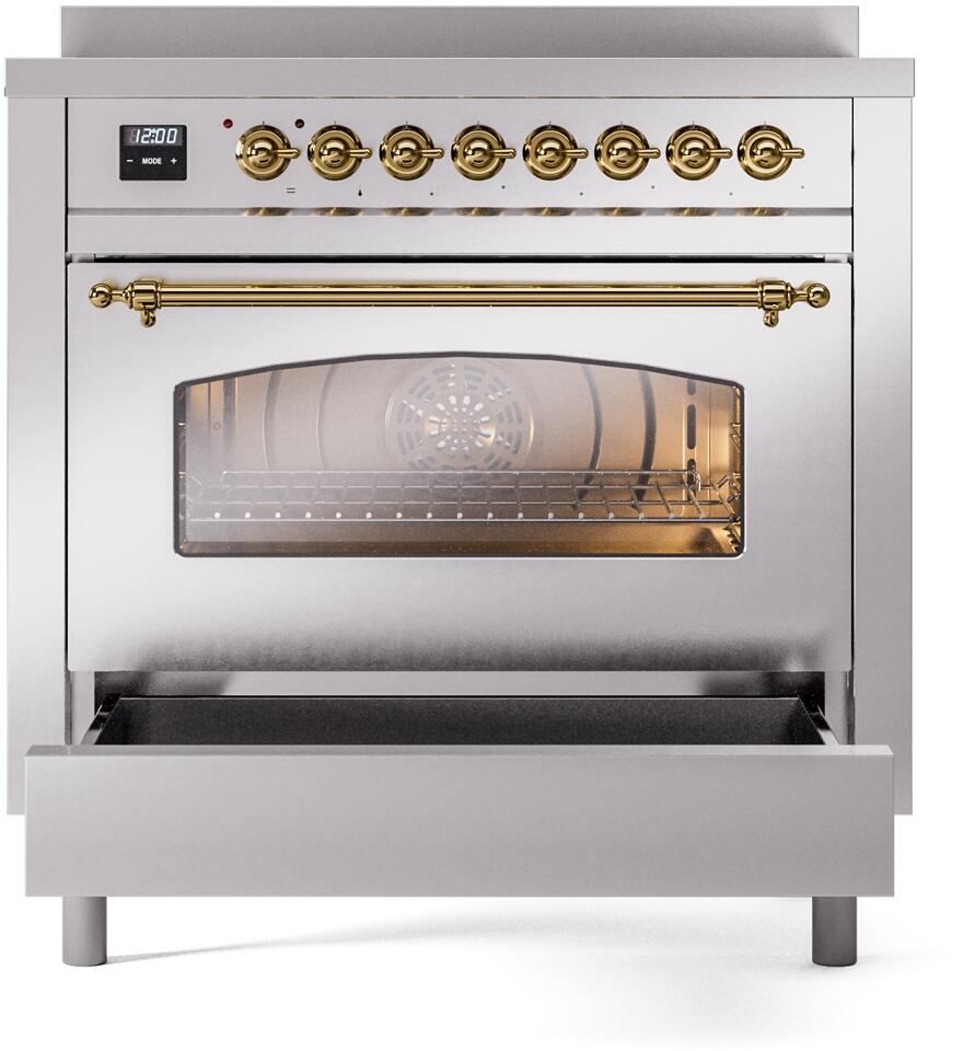 Nostalgie II 36 Inch Electric Freestanding Range in Stainless Steel with Brass Trim