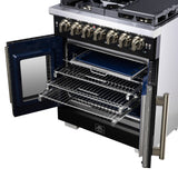 Forno Capriasca 30 Inch Freestanding French Door Dual Fuel Range in Black with Antique Brass Accessories, 5 Burners, True Convection Oven