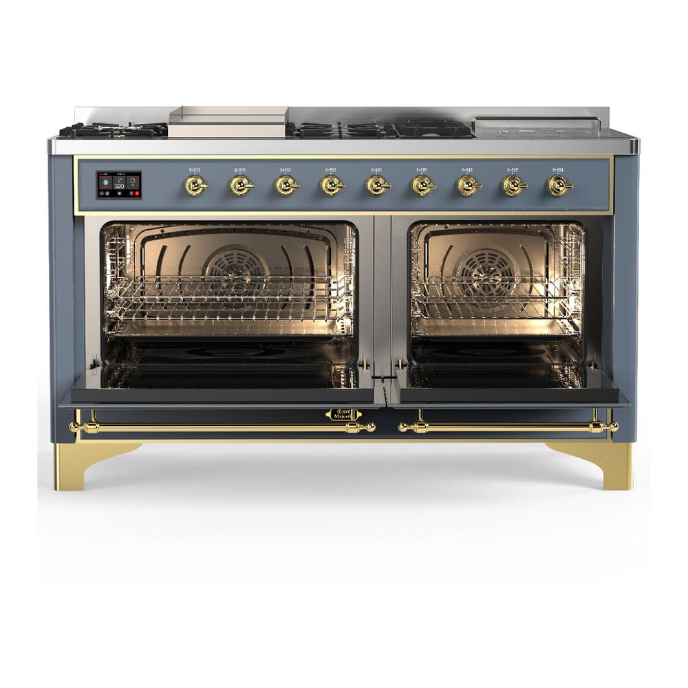 ILVE UM60FSQNR3BGGLP Majestic III 60 inch Dual Fuel Range with 7 Burners, Griddle and French Top, Dual Function Burner with up to 25,000 BTU (Liquid Propane, Solid Door, Blue Grey, Brass)