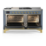 ILVE UM60FSQNR3BGGLP Majestic III 60 inch Dual Fuel Range with 7 Burners, Griddle and French Top, Dual Function Burner with up to 25,000 BTU (Liquid Propane, Solid Door, Blue Grey, Brass)