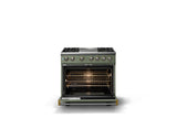 36"W. Dual Fuel Range (Burner: 4g, Finish: Eucalyptus, Trim: Brushed Brass, Fuel: Natural Gas)