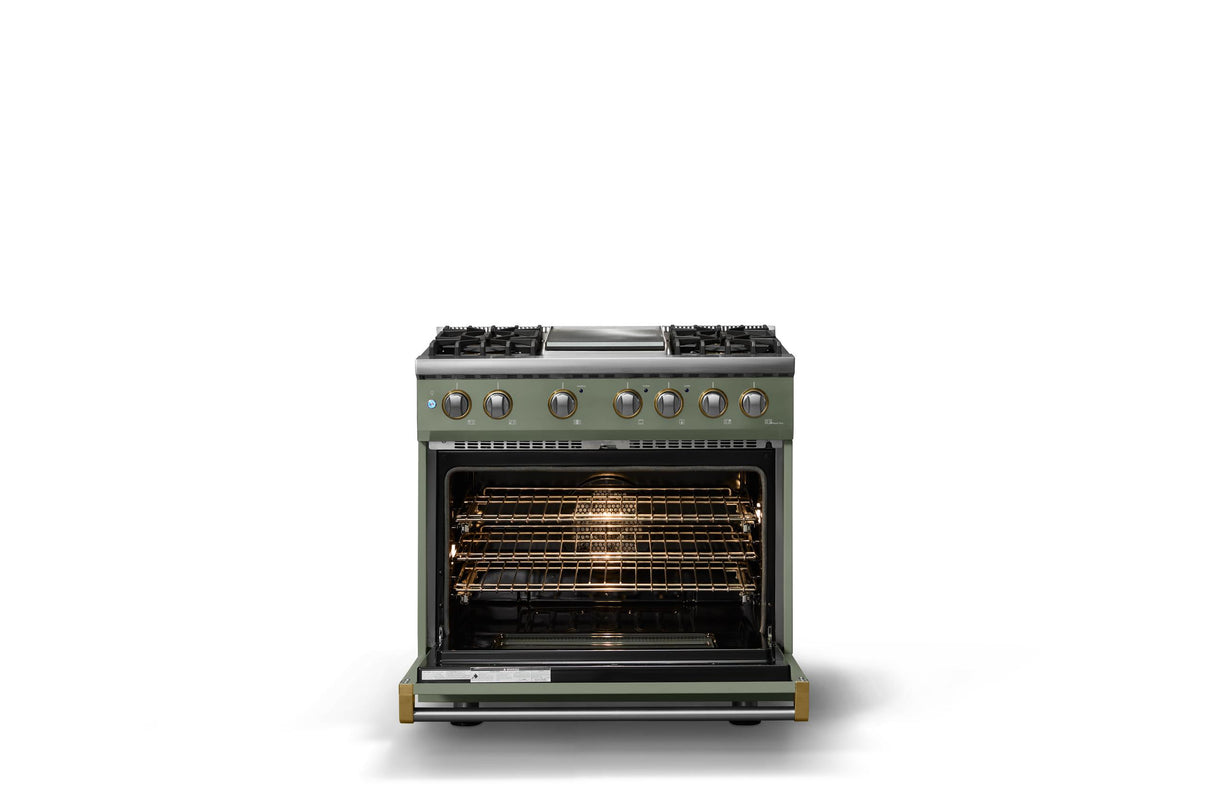 36"W. Dual Fuel Range (Burner: 4g, Finish: Eucalyptus, Trim: Polished Chrome, Fuel: Propane)