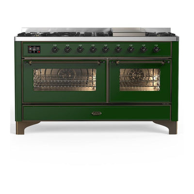 ILVE UM60FNR3EGBLP Majestic III 60 inch Dual Fuel Range with 9 Burners and Griddle, Dual Function Burner up to 25,000 BTU (Liquid Propane, Triple Glass Door, Emerald Green, Burnished)