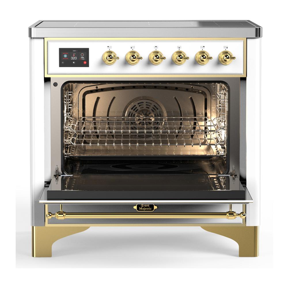 ILVE UMIB36QNR3WHG Majestic III 36 inch Induction Range with 6 Elements, 3.5 cu. ft. Total Oven Capacity (Solid Door, White, Brass)