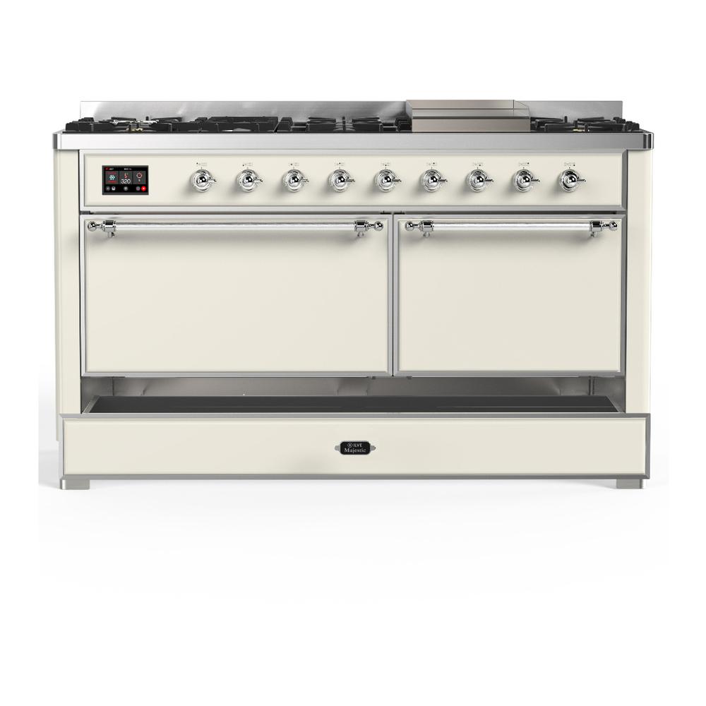 ILVE UM60FQNR3AWC Majestic III 60 inch Dual Fuel Range with 9 Burners and Griddle, Dual Function Burner up to 25,000 BTU (Natural Gas, Solid Door, Antique White, Chrome)