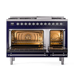 ILVE UN48FQNMPMBC Nostalgie II Noblesse 48 inch Dual Fuel Range (8 Sealed Burners + Griddle, Natural Gas, Solid Door, Midnight Blue, Chrome)