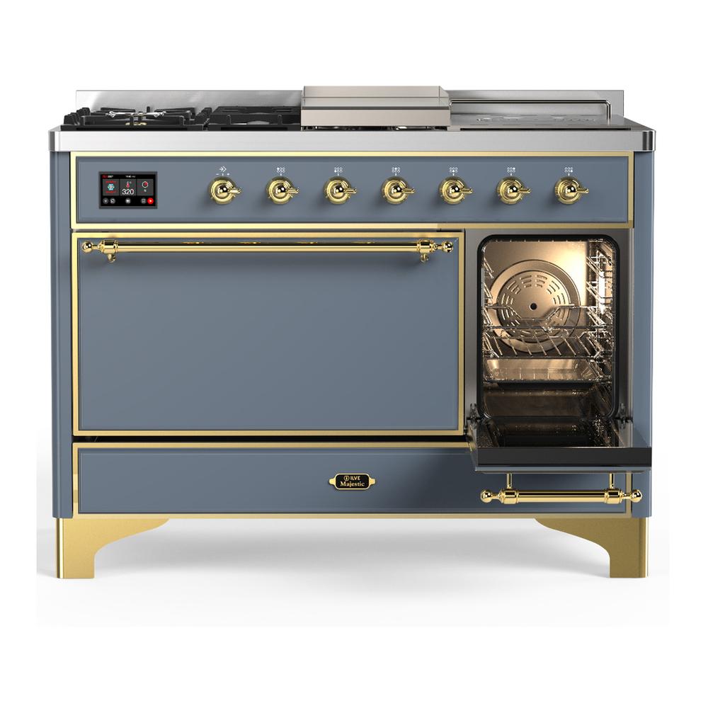 ILVE UM48FSQNR3BGG Majestic III 48 inch Dual Fuel Range with 5 Black Brass Burners, Griddle and French Top, Dual Function Burner up to 25,000 BTU (Natural Gas, Solid Door, Blue Grey, Brass)
